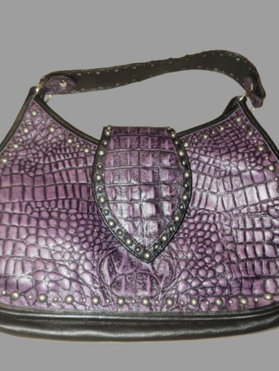 Double J Saddlery Handbags - Double J Saddlery Genuine Leather Croc Purple Croc-Embossed Studded Shoulder Bag